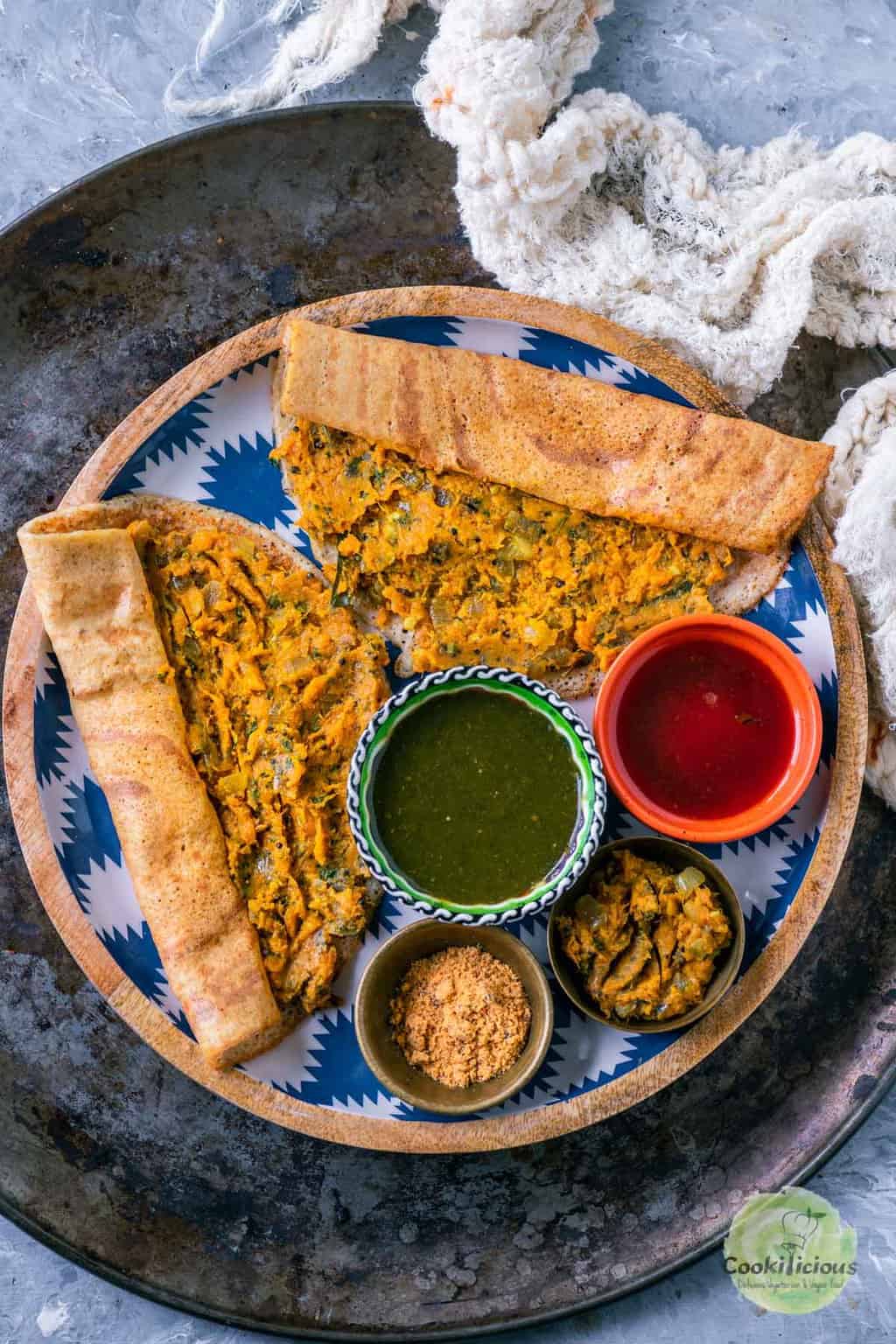 2 Masala Dosa with Sweet Potato placed on a plate