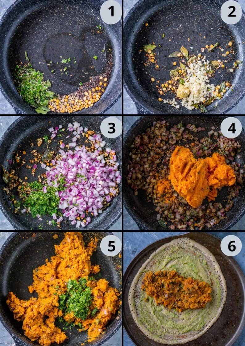 6 image collage showing how to make Masala Dosa with Sweet Potato