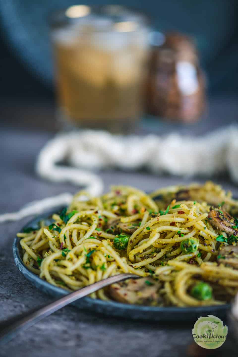 close up of Almond Picada Pesto Spaghetti