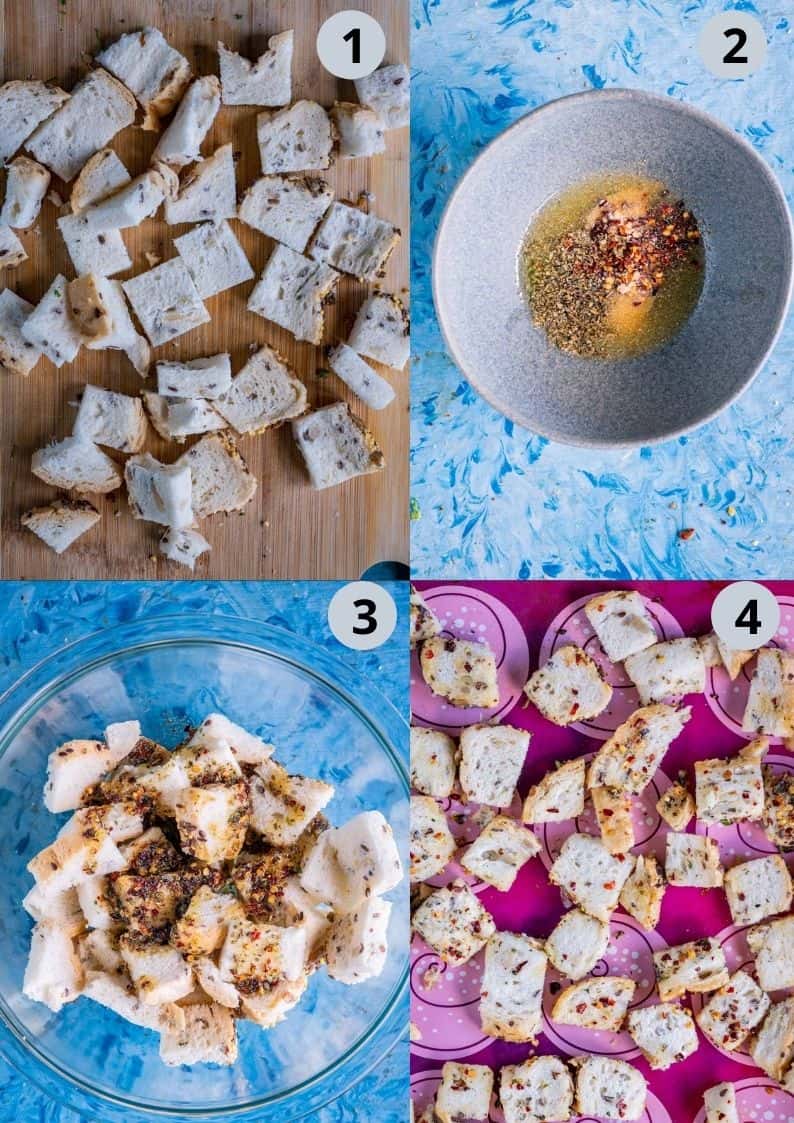 4 image collage how to make croutons at home