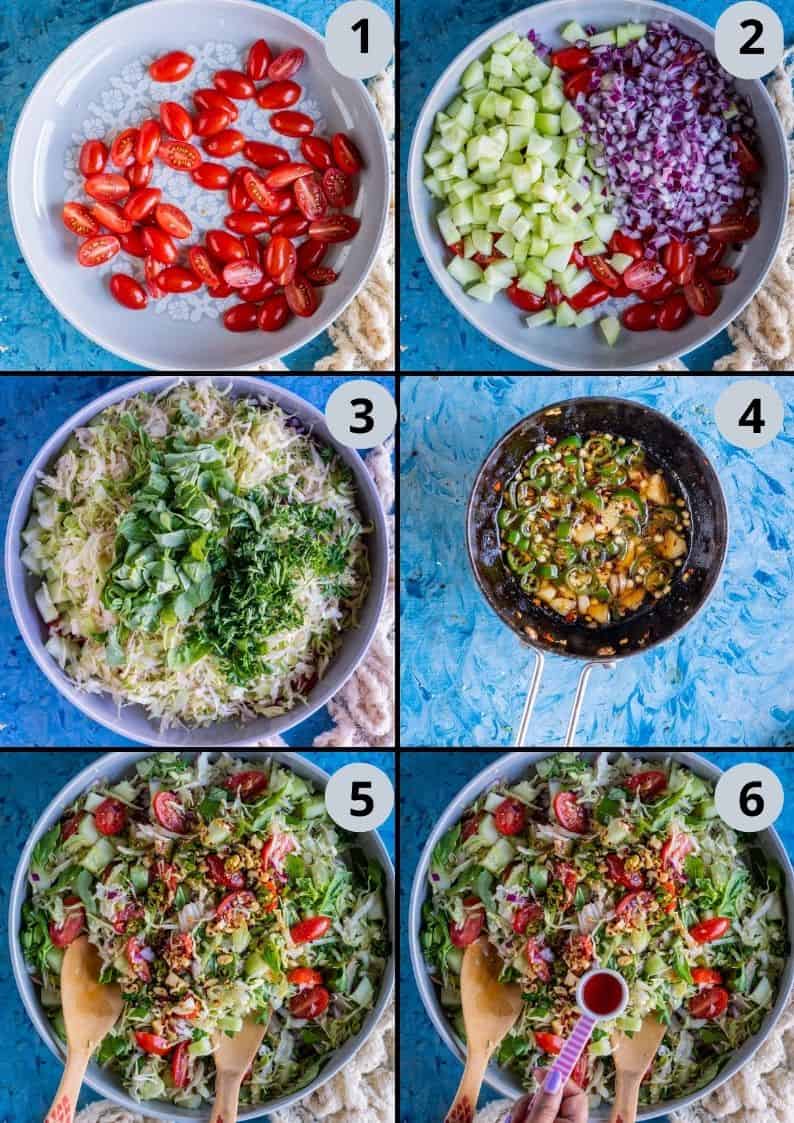 6 image collage showing the steps to make Cherub Tomatoes Crouton Salad