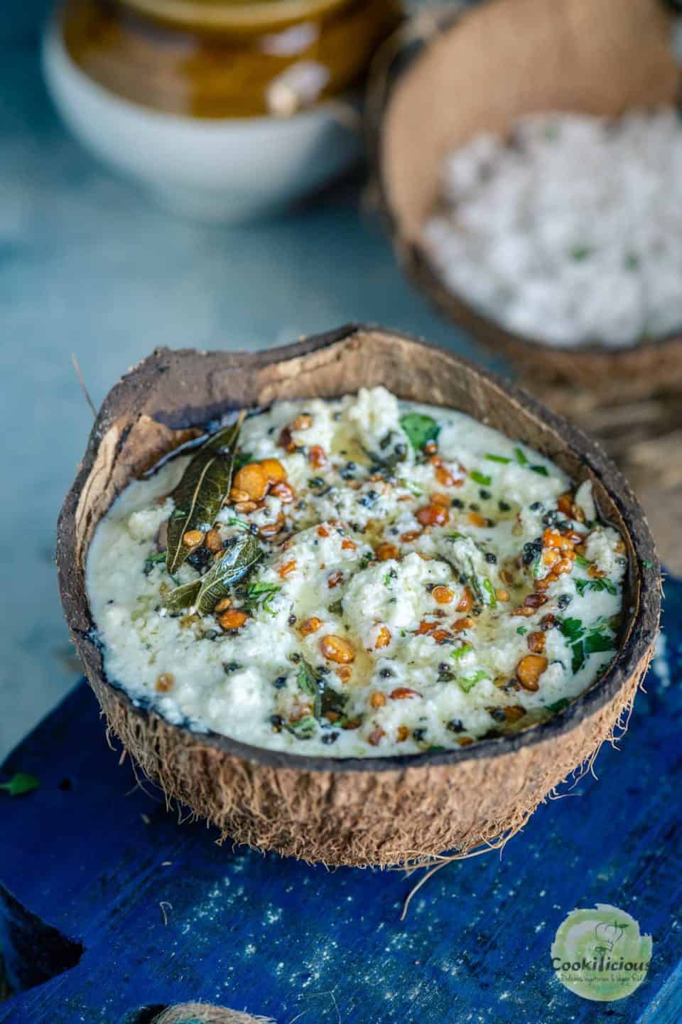 Coconut Chutney served in a coconut shell