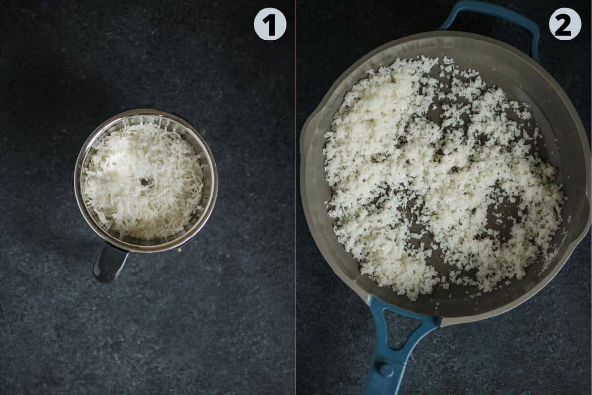2 image collage showing how to prep for making Vegan Coconut Ladoos