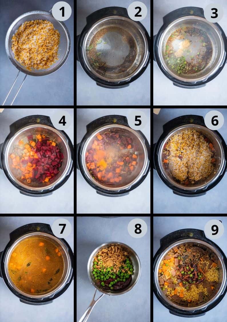 9 image collage showing how to make Instant Pot Masala Khichdi