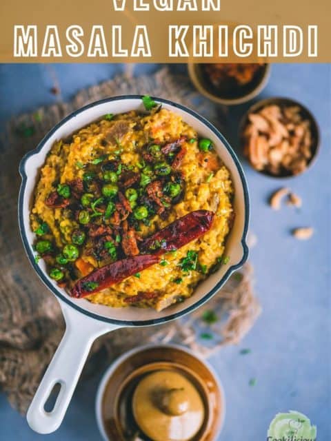 Instant Pot Masala Khichdi served in a platter and text at the top