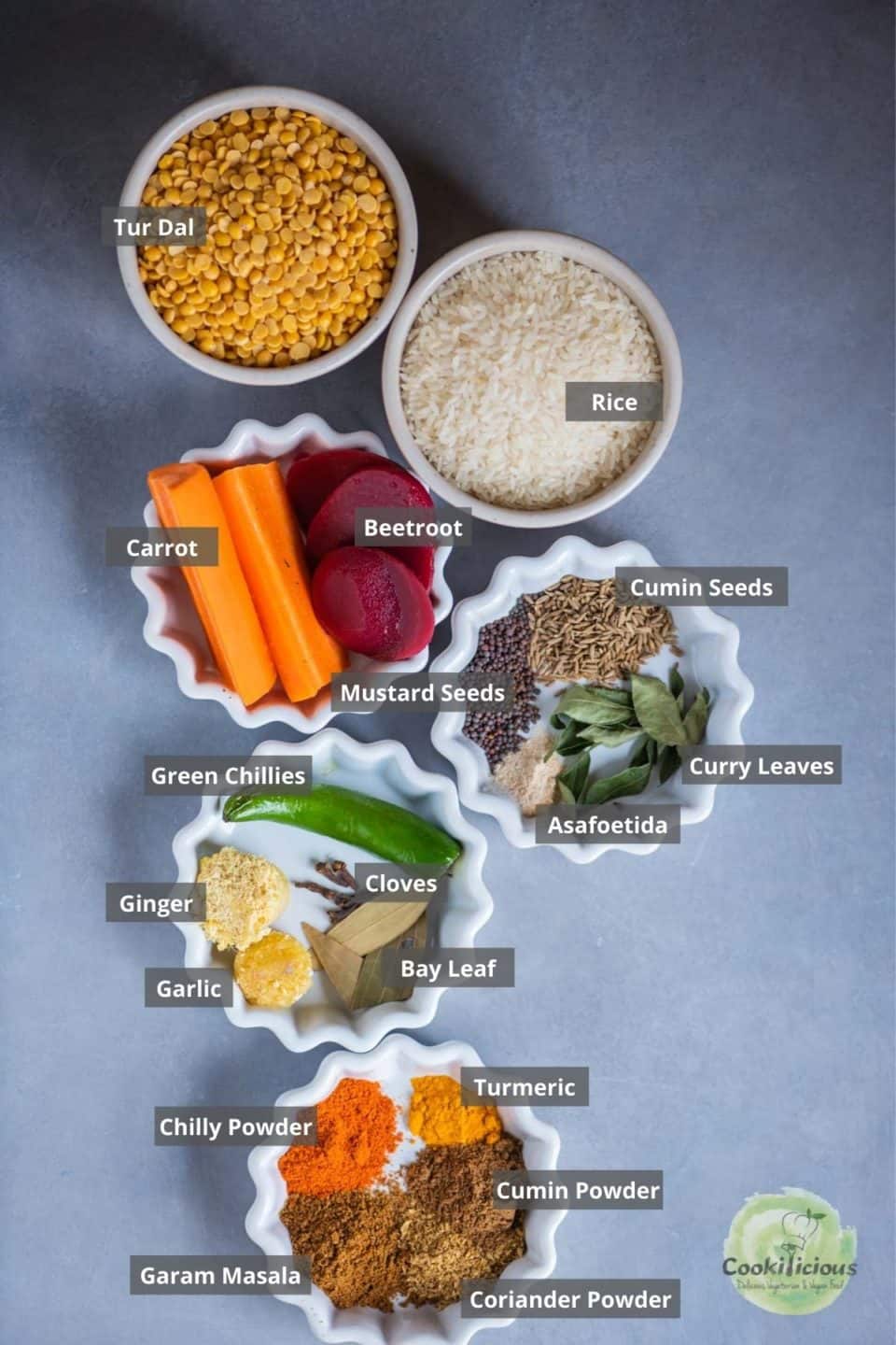 all the ingredients needed to make Instant Pot Masala Khichdi placed on a table with labels on them