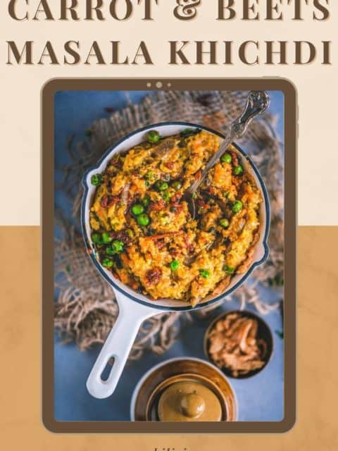 a spoon dunked into a plate of Instant Pot Masala Khichdi and text at the top and bottom