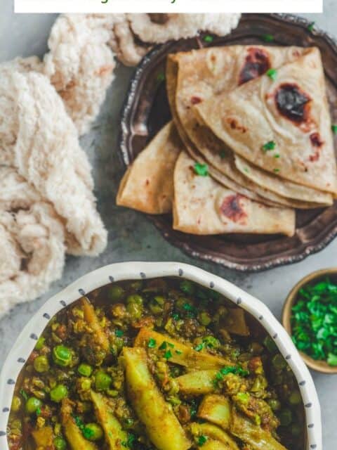 Matar ka Nimona served in a bowl with chapati on the side and text at the top.