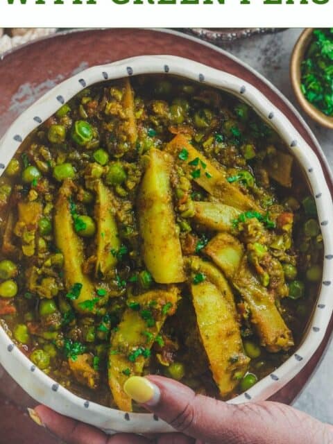 a hand holding a bowl of Matar ka Nimona and text at the top.