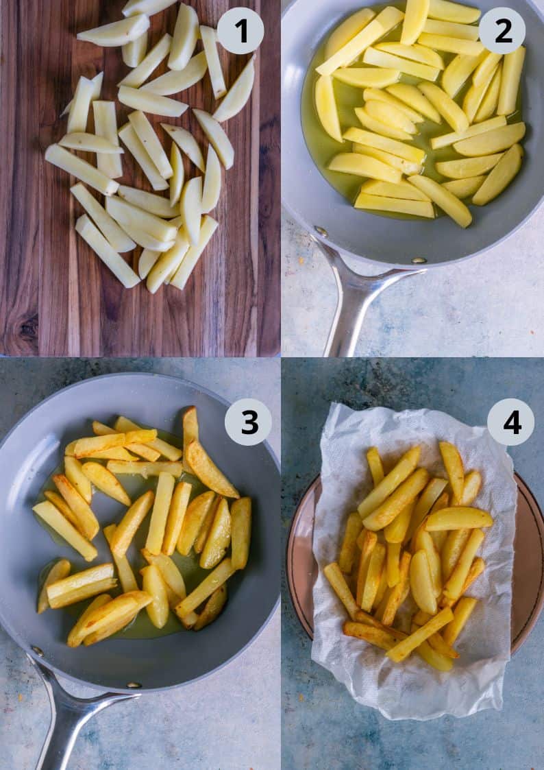 4 image collage showing how to prep the potatoes when making Nimona Matar.