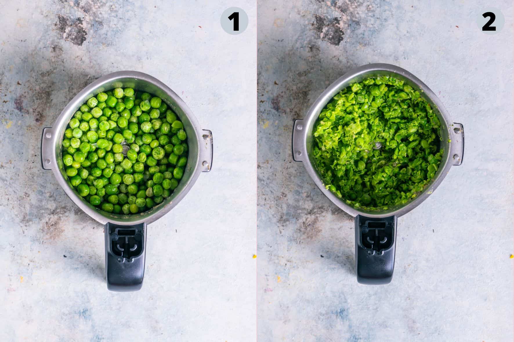 2 image collage showing how to prep the green peas when making Nimona.