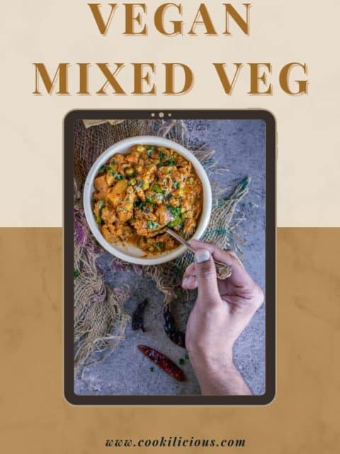 a hand holding a spoon and digging into a bowl of Veg Kolhapuri Recipe | Mixed Veg Curry and text at the top