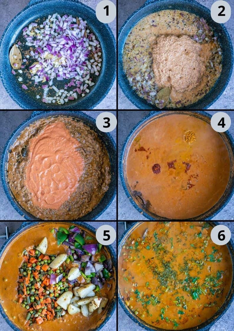 6 image collage showing how to make the mixed veg curry