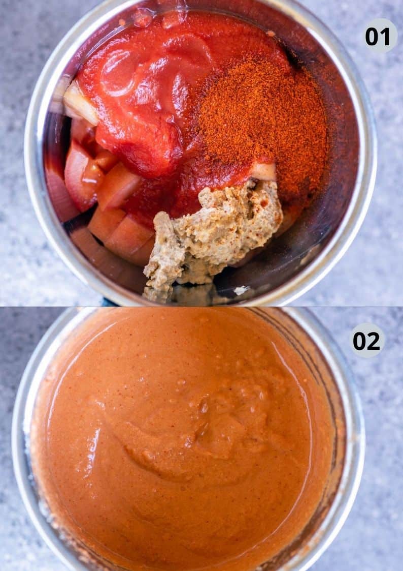 2 image collage showing how to make tomato sauce