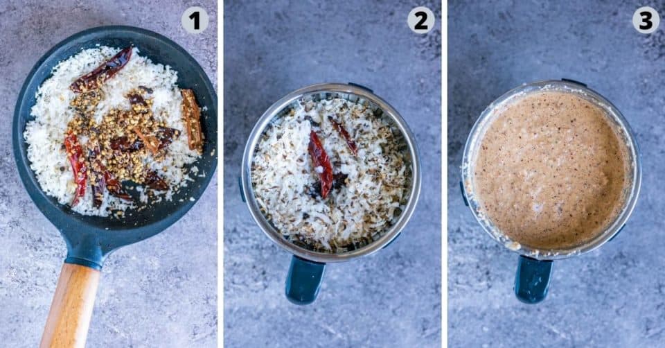 3 image collage showing how to make the coconut masala for veg Kolhapuri
