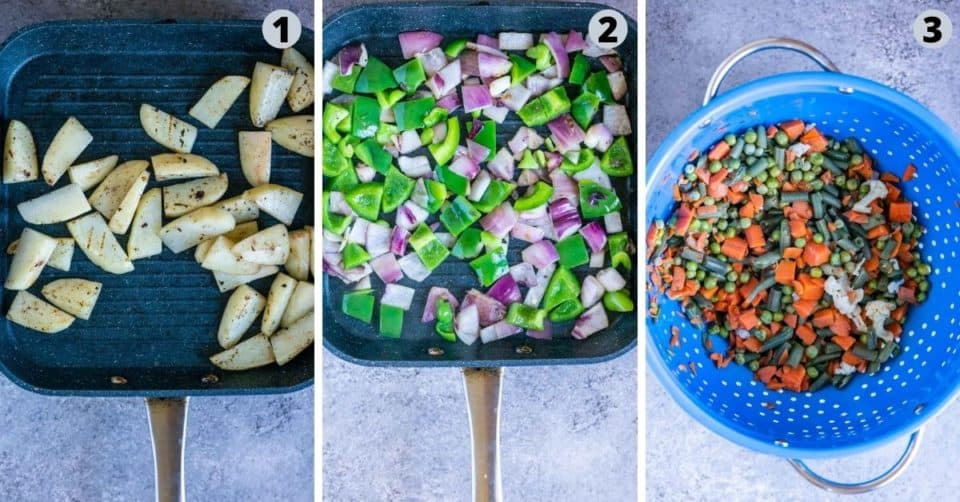 3 image collage showing how to prep the veggies to make mixed veg curry