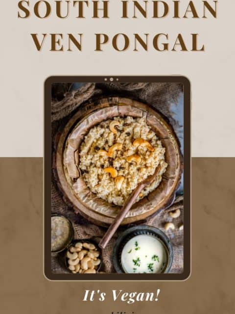 Instant Pot Ven Pongal served in a leaf bowl with a wooden spoon in it and text at the top and bottom
