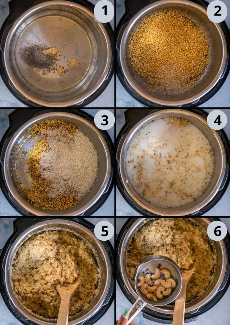 6 image collage showing the steps to make Instant Pot Ven Pongal