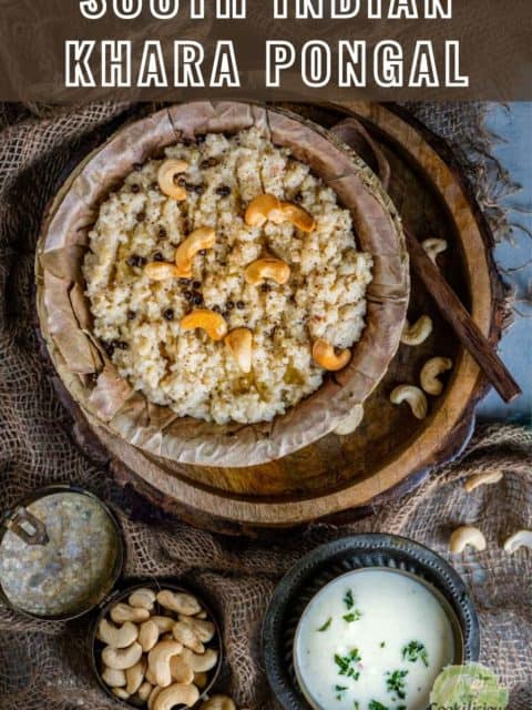A round leaf bowl filled with Instant Pot Ven Pongal and text at the top