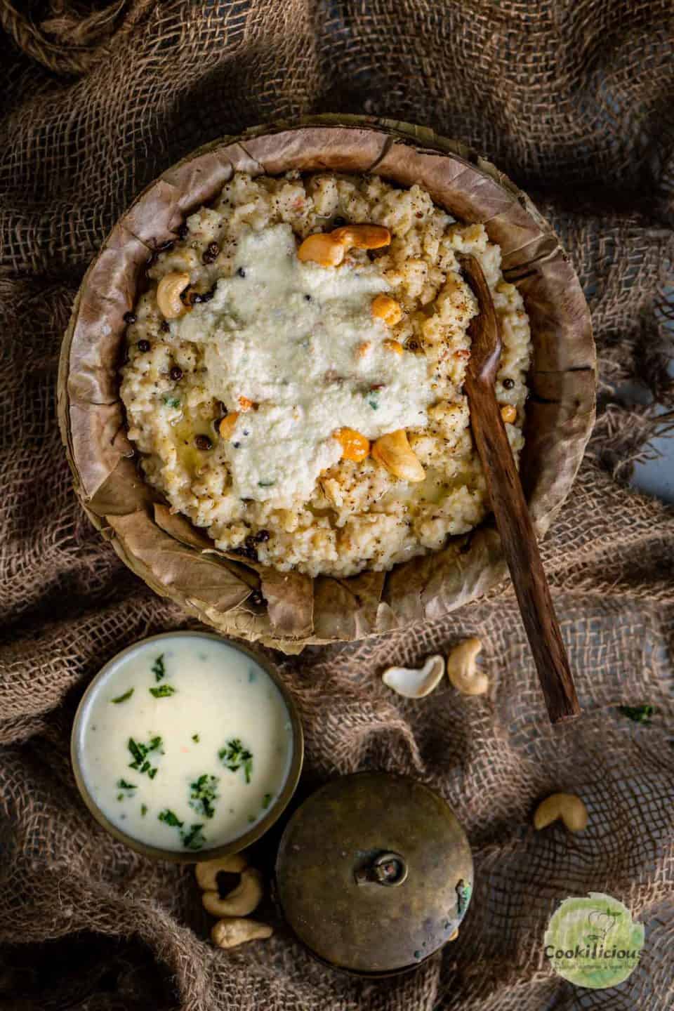 Instant Pot Ven Pongal served with coconut chutney on top