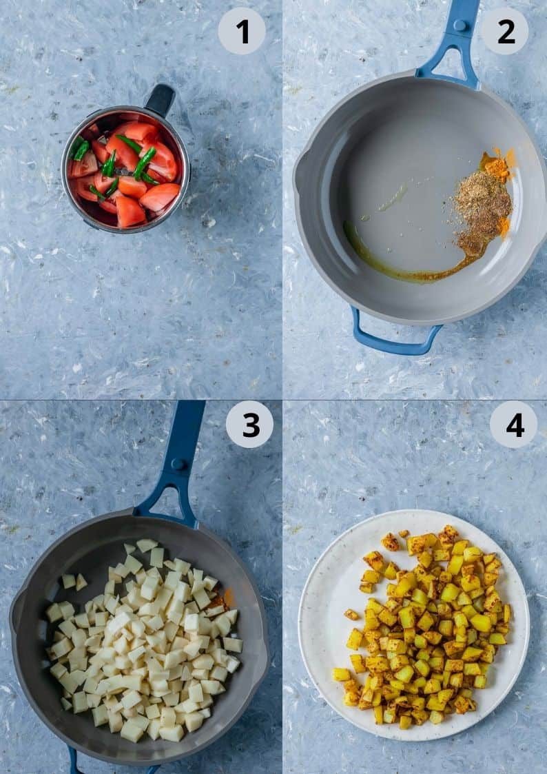 4 image collage hsowing how to prep for making aloo mutter