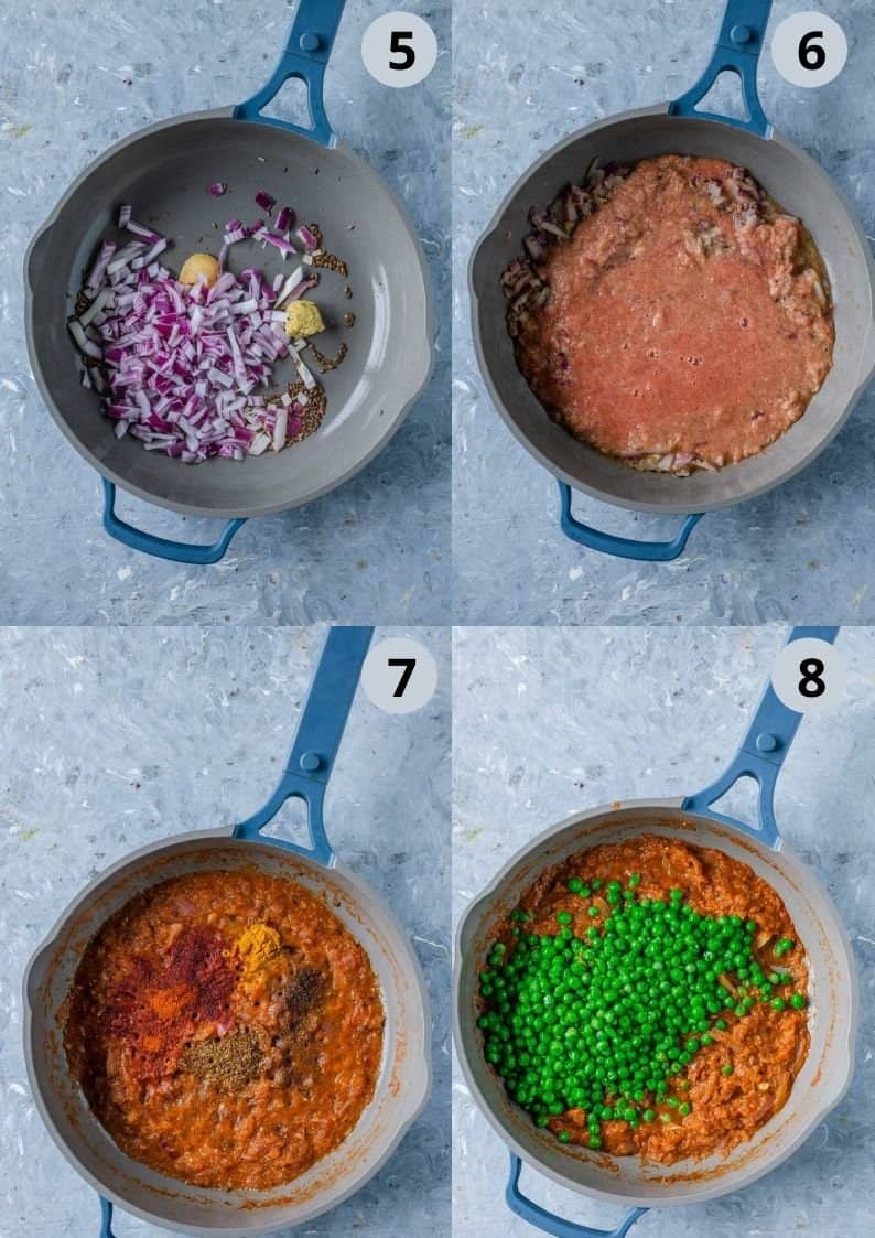 4 image collage showing how to make Aloo Matar