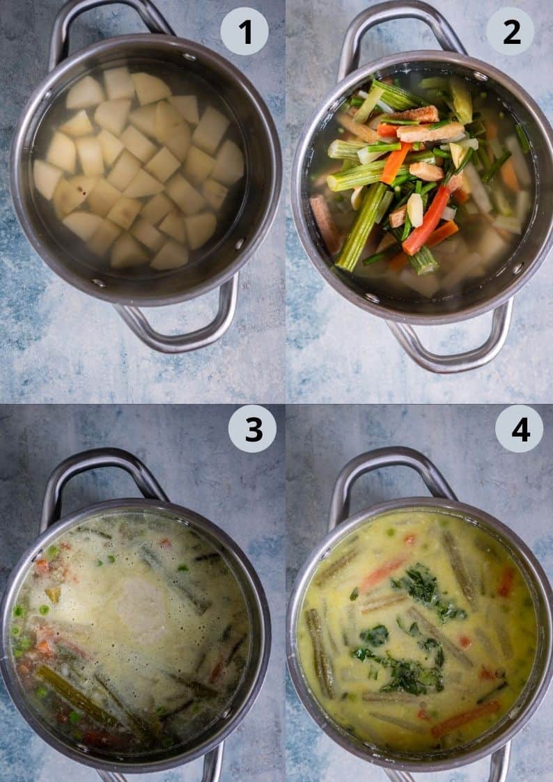 4 image collage showing how to make Avial Recipe | South Indian Mixed Veggie Curry.