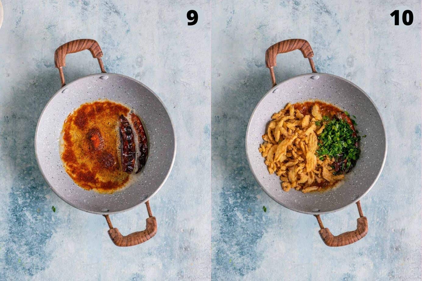 2 image collage showing how to do the tadka for Dal