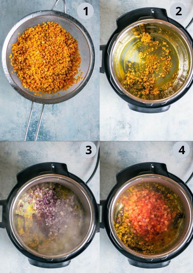 4 image collage showing the steps to make dal tadka in the Instant Pot