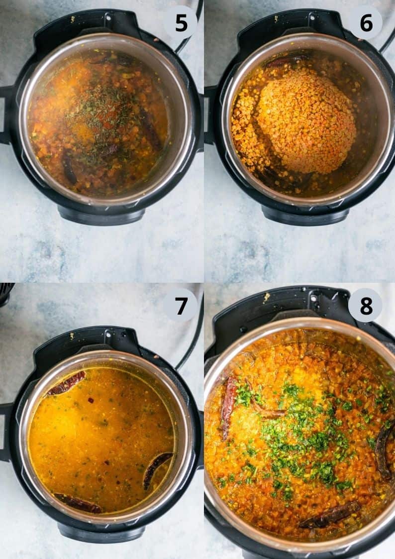 4 image collage showing how to make Dal Tadka in Instant Pot