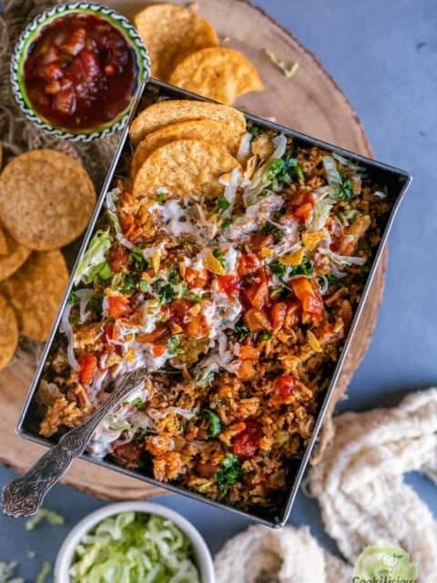 Instant Pot Mexican Rice served in a rectangular tray