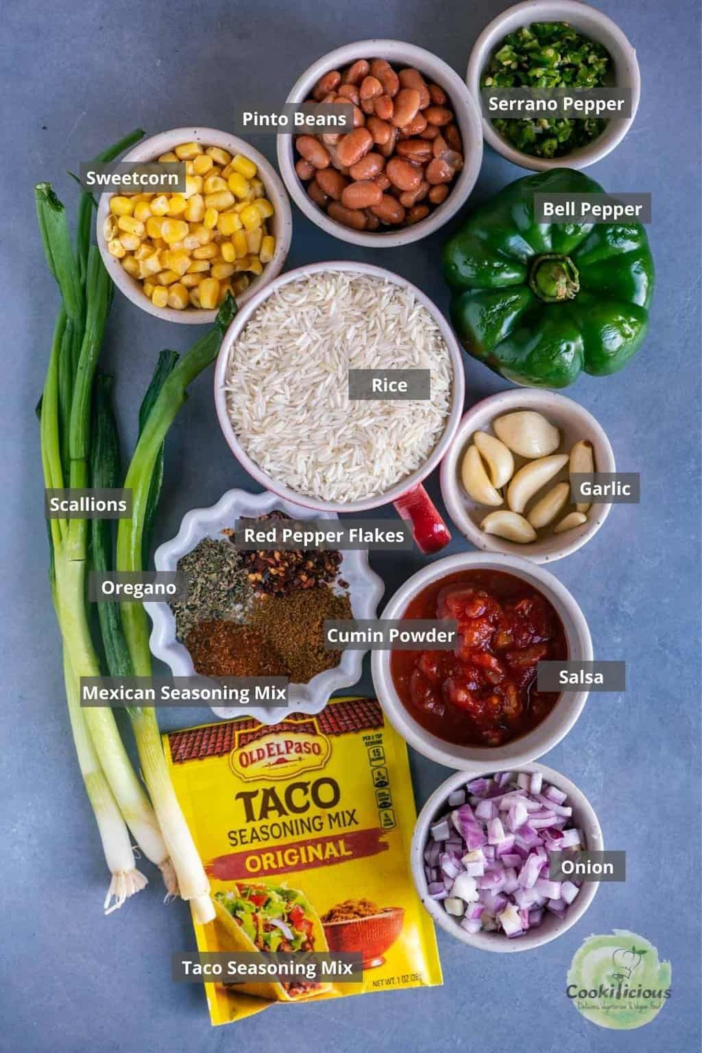 all the ingredients needed to make Instant Pot Mexican Rice placed on a table with labels on them