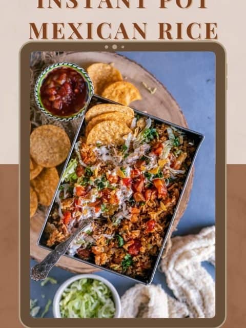 Instant Pot Mexican Rice served in a rectangular tray and text at the top and bottom