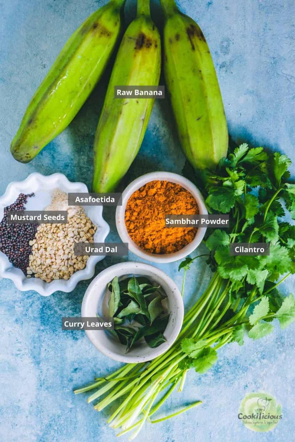 all the ingredients needed to make Vazhakai Poriyal | Plantain Stir-Fry placed on a tray with labels on them
