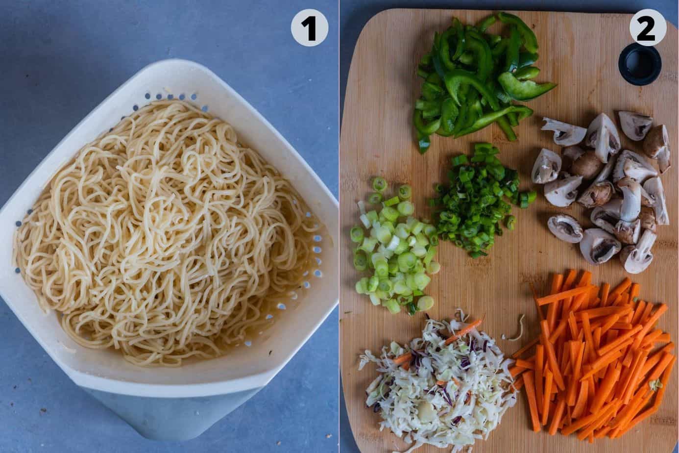 2 image collage showing how to prep for making Veg Hakka Noodles