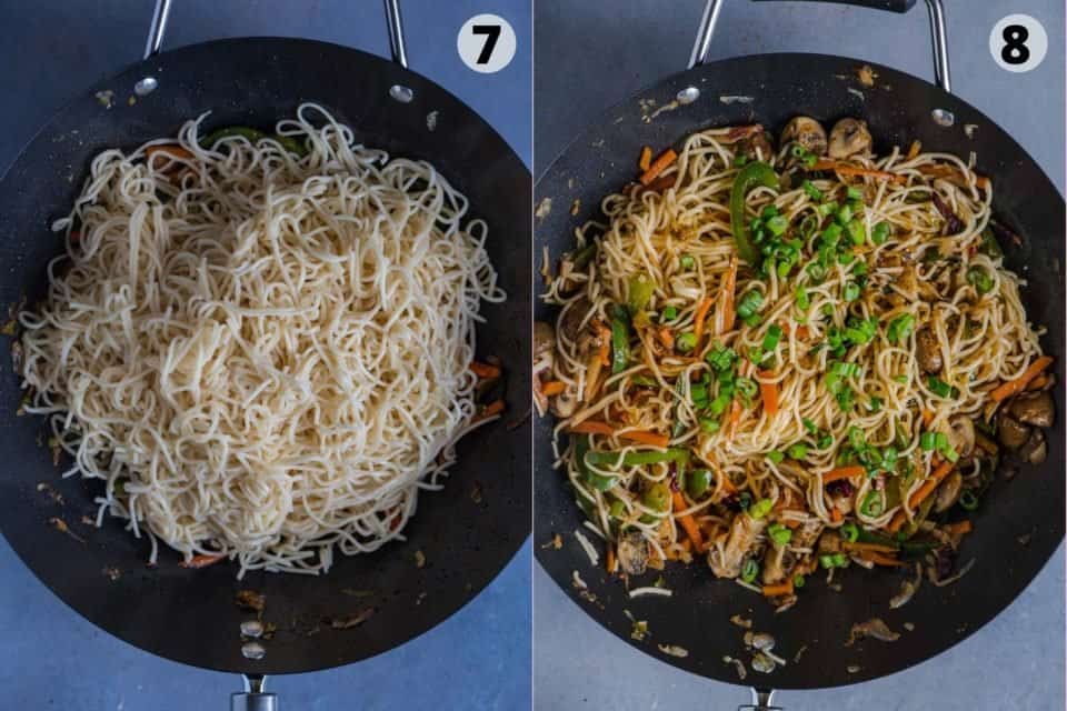2 image collage showing how to prepare Veg Hakka Noodles recipe