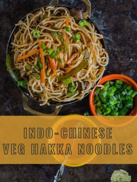 Veg Hakka Noodles served in a bowl with chili sauce and scallions on the side and text at the bottom