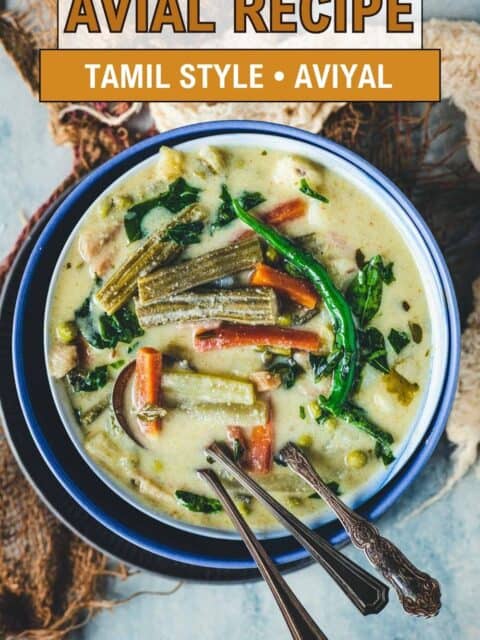 Pinterest pin for Tamil-style avial recipe (aviyal) showing a bowl of coconut-yogurt vegetable curry with spoons.