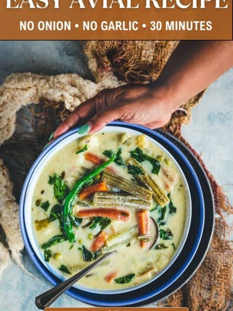 Pinterest pin for easy avial recipe with no onion or no garlic, ready in 30 minutes, held by hand.