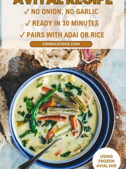 Pinterest pin for aviyal recipe using frozen avial mix, showing checklist of no onion, no garlic, ready in 30 minutes, pairs with adai or rice.