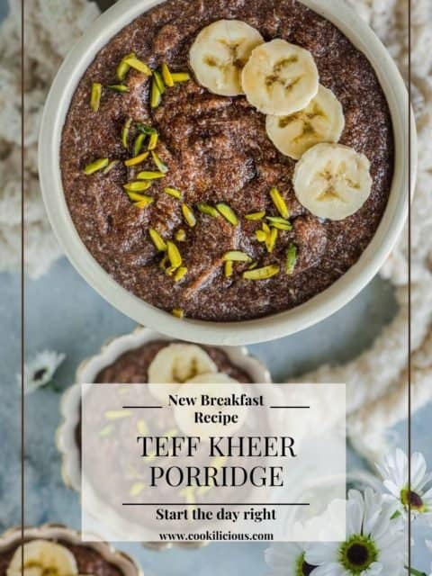one big bowl of Vegan Teff Kheer Porridge with a small bowl of the same on the side and text at the bottom