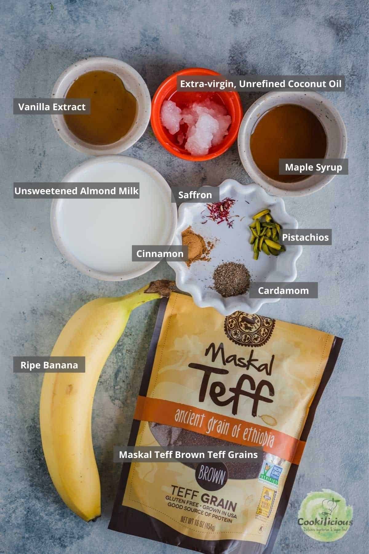 all the ingredients needed to make Vegan Teff Kheer Porridge placed on a table with labels on them