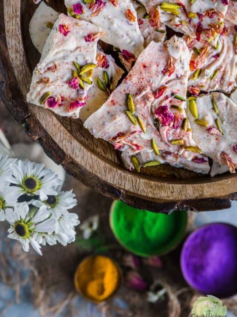 image of one forth platter of White Chocolate Thandai Bark served in a platter