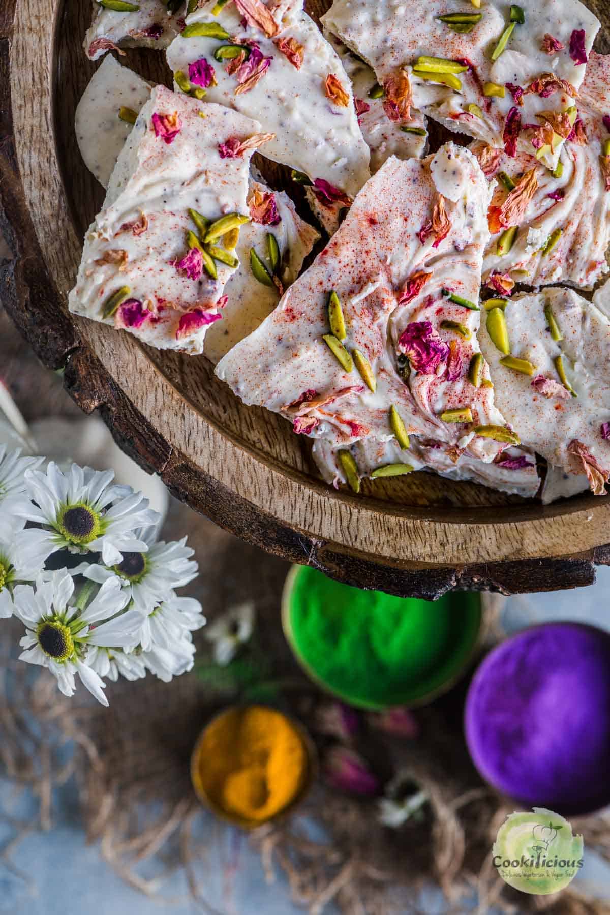 image of one forth platter of White Chocolate Thandai Bark served in a platter
