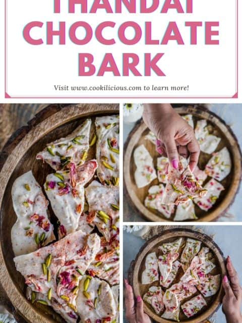 3 image collage of White Chocolate Thandai Bark with text at the top