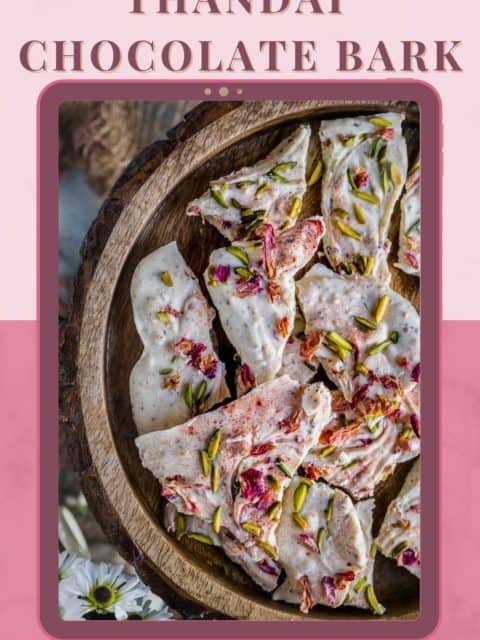 image of half a plate filled with White Chocolate Thandai Bark and text at the top and bottom