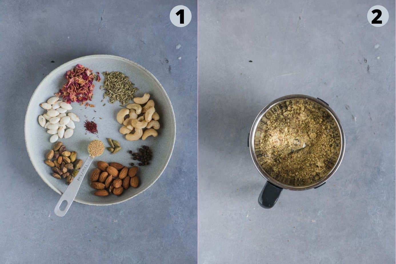 2 image collage showing how to make Thandai Masala