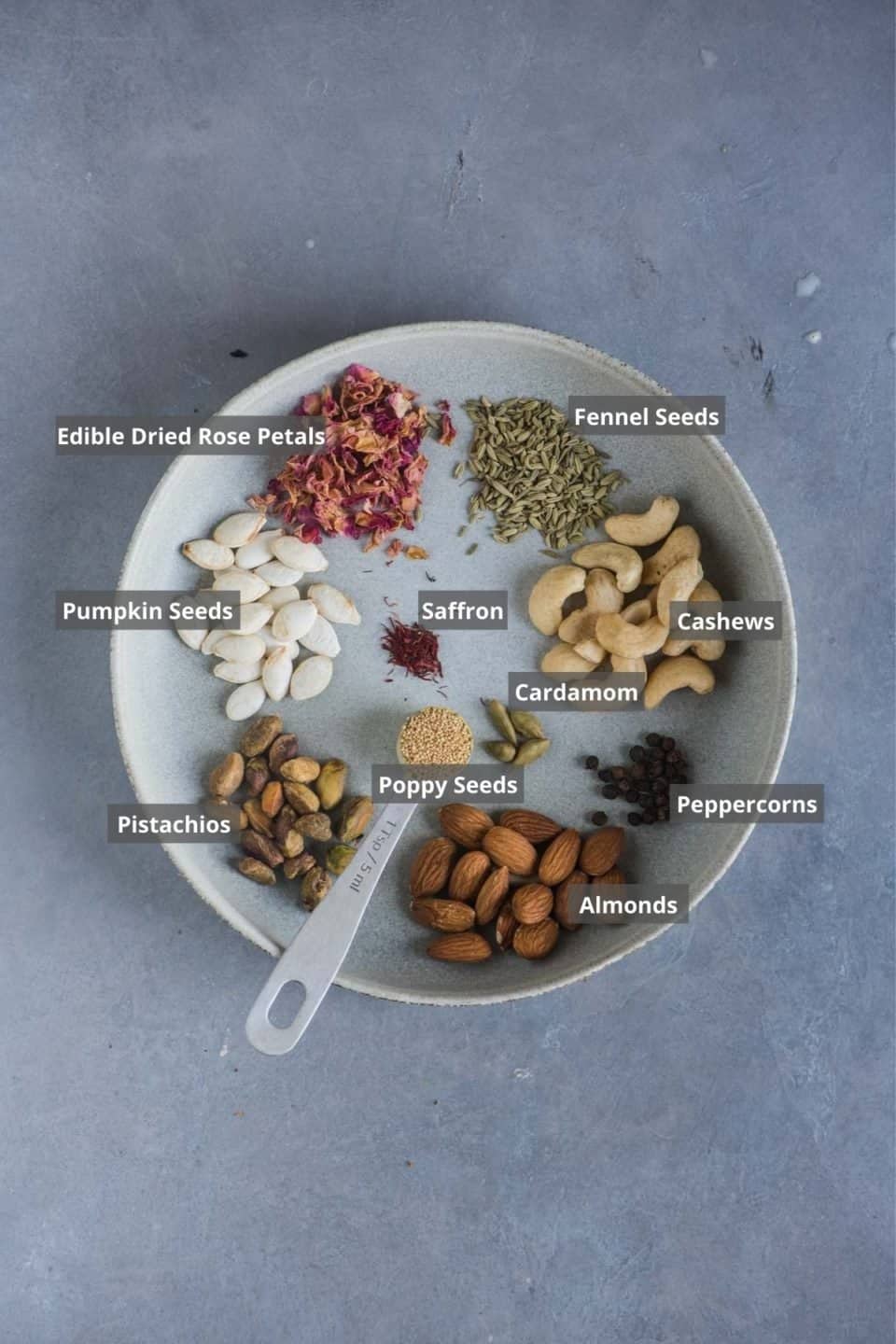 all ingredients needed to make thandai powder placed on a plate with labels on them