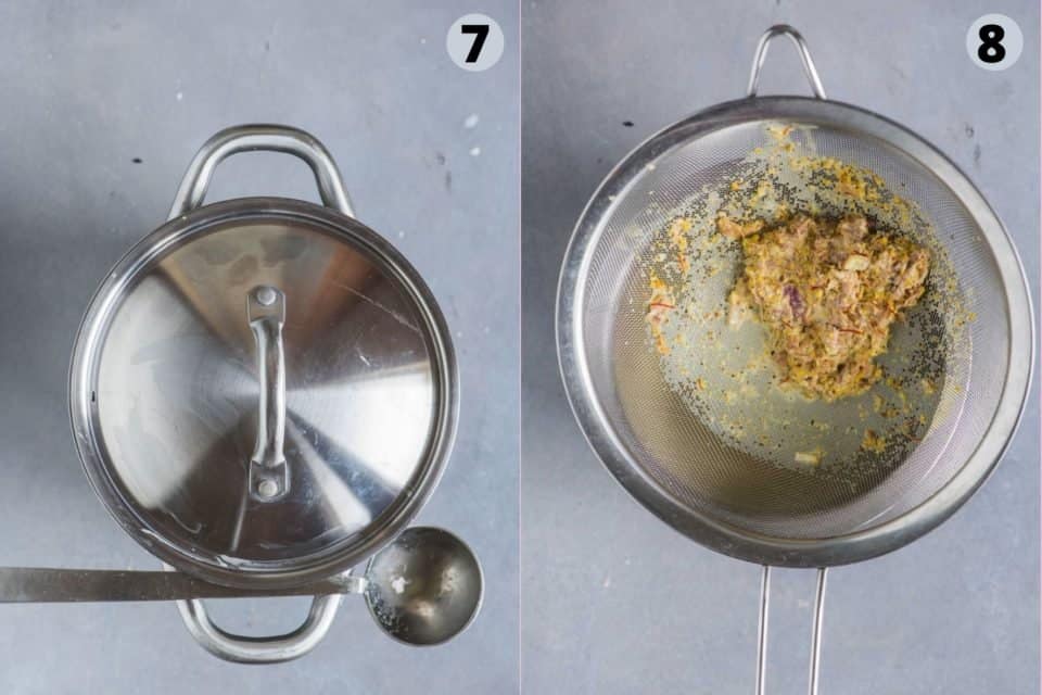 2 image collage showing how to cool and strain the Thandai