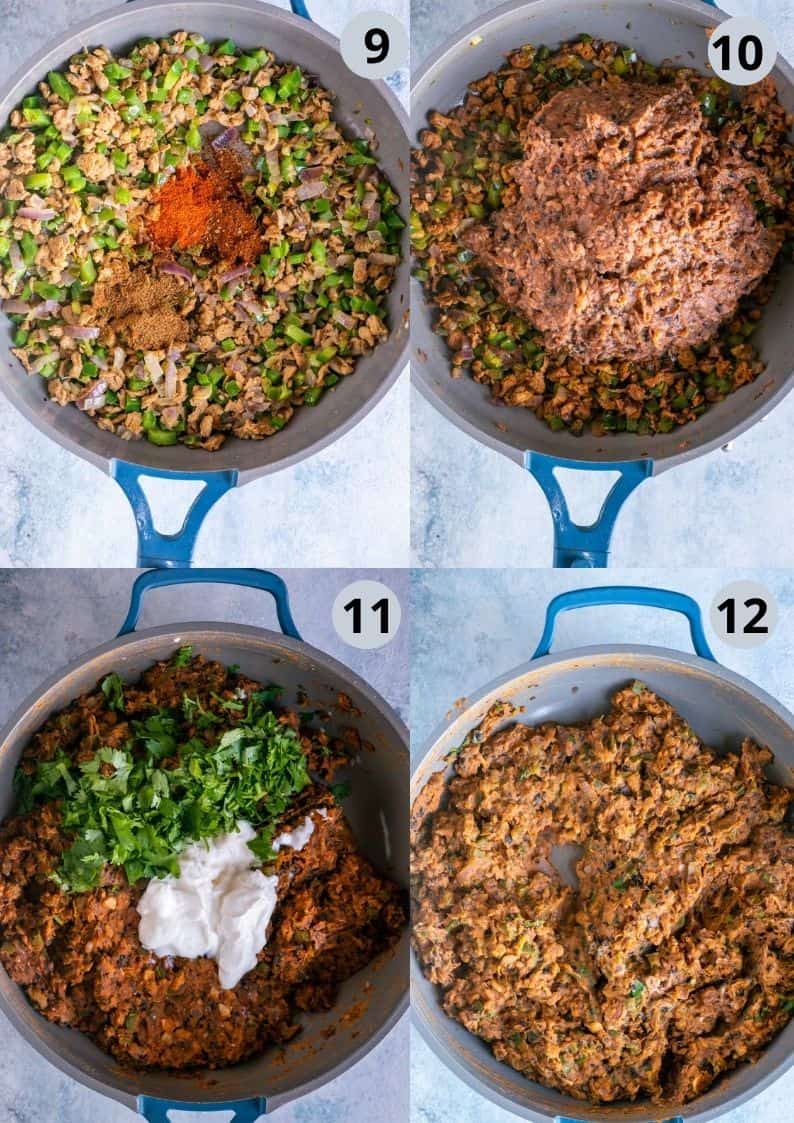 4 image collage showing the steps to make Vegan Corn Tostadas stuffing